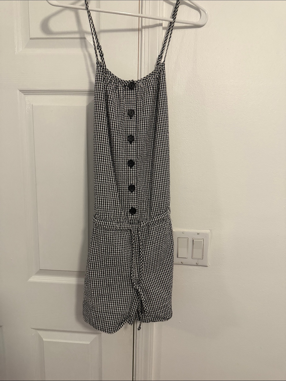 Gingham Button-Front Romper in Black and White